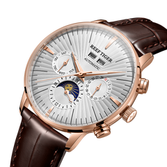 REEF TIGER RGA8218 Rose Gold Men's Automatic Multifunctional Day/Date Moon phase Watch For Men - Leather Casual Business Wristwatch