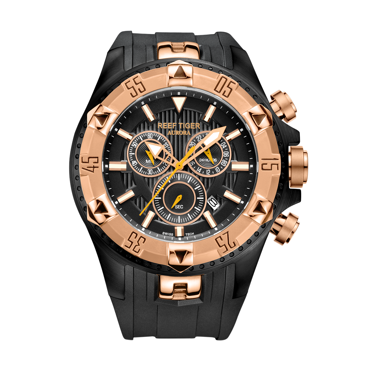 REEF TIGER Aurora RGA303 Rose Gold Men's 52mm Big Dial Sports Quartz Watch - Fashion Waterproof Multi-Function Watch