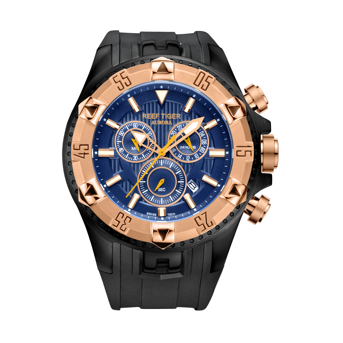 Rose Gold 52mm Big Dial Men's Quartz Chronograph Watch For Men - REEF TIGER Aurora RGA303 Multi-Function Sports Watch