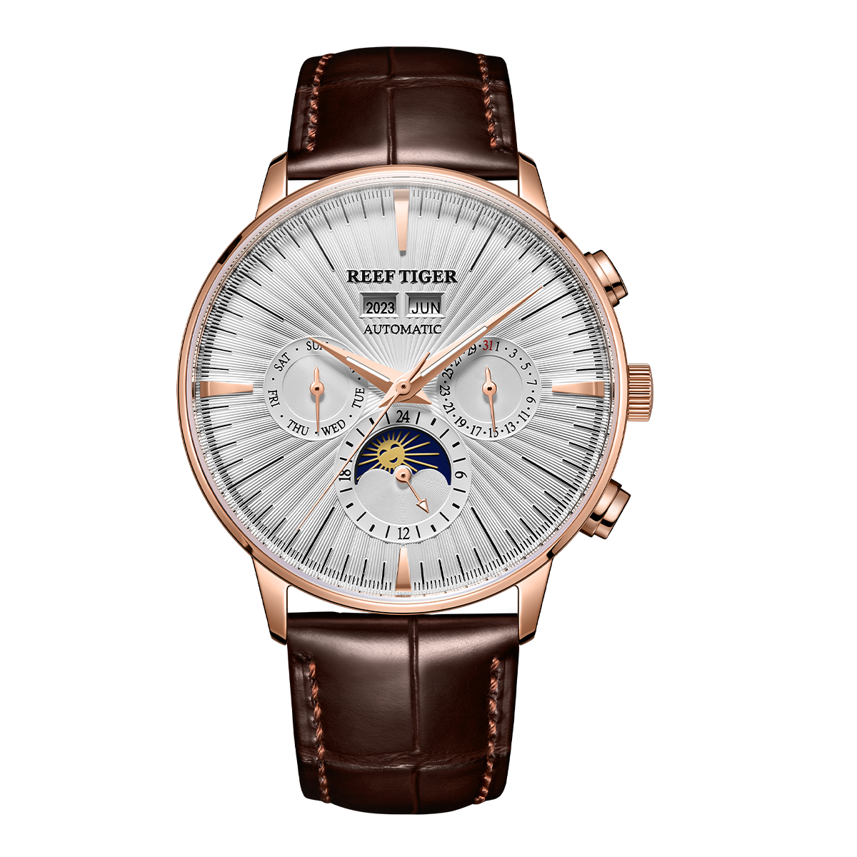 REEF TIGER RGA8218 Rose Gold Men's Automatic Multifunctional Day/Date Moon phase Watch For Men - Leather Casual Business Wristwatch
