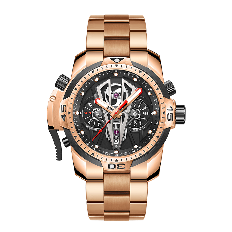 Men's Rose Gold Stainless Steel Case/Strap Automatic Mechanical Watches - Reef Tiger Aurora Concept 2 RGA3591 with Multi-Functional Sport Design