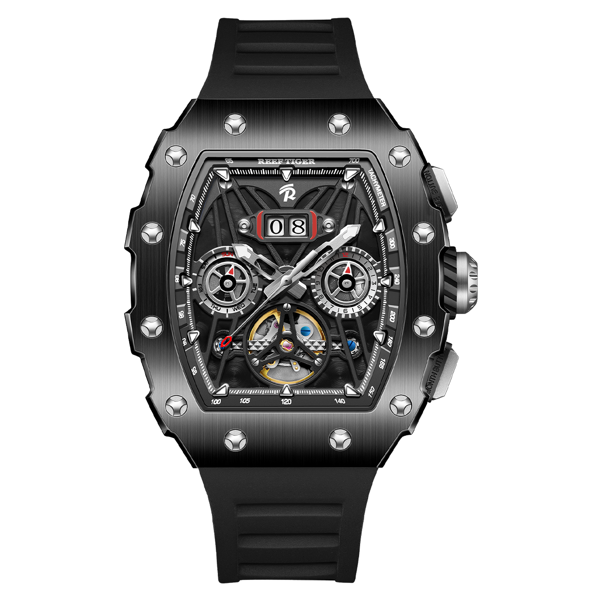 REEF TIGER RGA3009 All Black Men Fashion Flywheel Skeleton Automatic Mechanical Watches - Multifunctional Day/Date Skeleton Watch