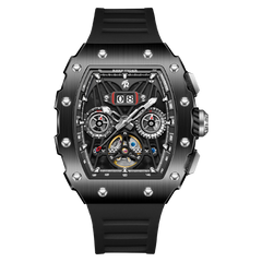 REEF TIGER RGA3009 All Black Men Fashion Flywheel Skeleton Automatic Mechanical Watches - Multifunctional Day/Date Skeleton Watch