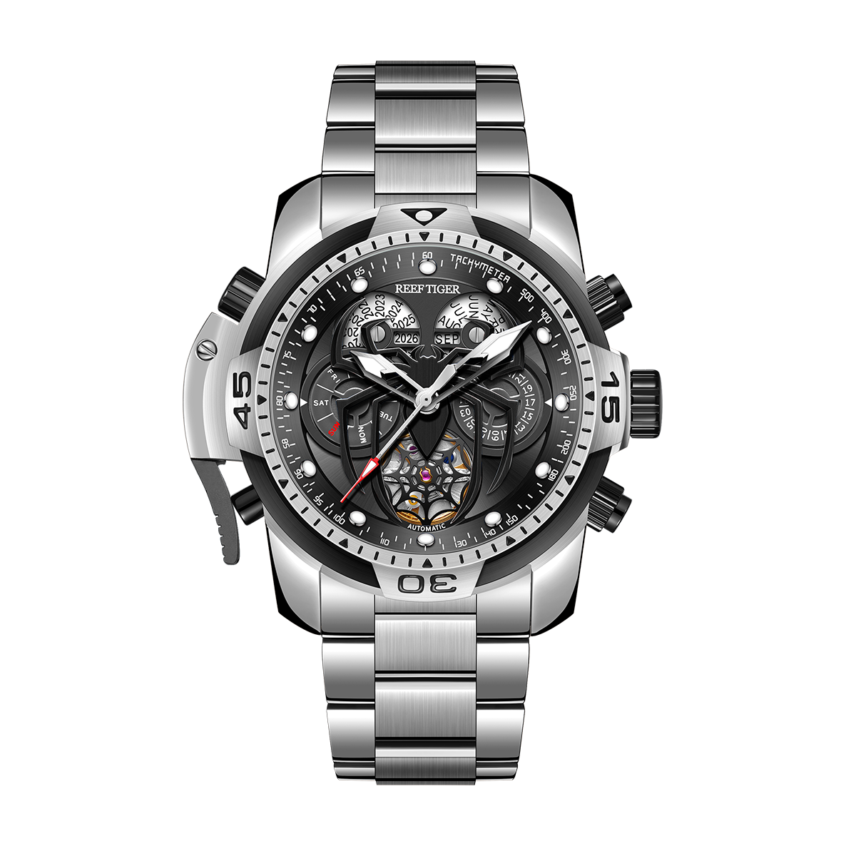 Reef Tige Spider RGA3532-S Fashion Men's Stainless Steel Strap Automatic Mechanical Watch, Unique Multifunctional Men's Watch