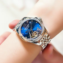 REEF TIGER RGA1583 Fashion Flower Diamond Watches for Women - Luxury Blue Dial Automatic Mechanical Watch