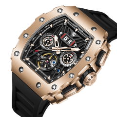 REEF TIGER RGA3009 Rose Gold Men Skeleton Automatic Tonneau Wristwatch - Multifunctional Date Luminous Waterproof Watch