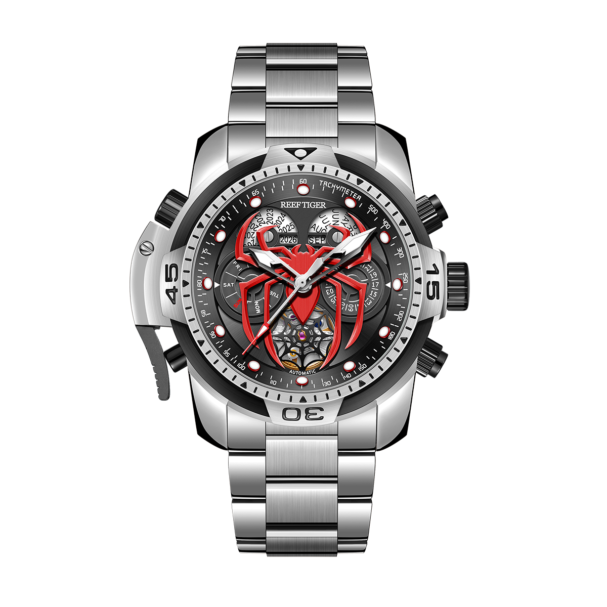 Reef Tige Aurora RGA3532-S Men's Four-Eye Multi-Functional Automatic Watch, Year, Month Date Week 24 Hours Chronograph Sports Wristwatch