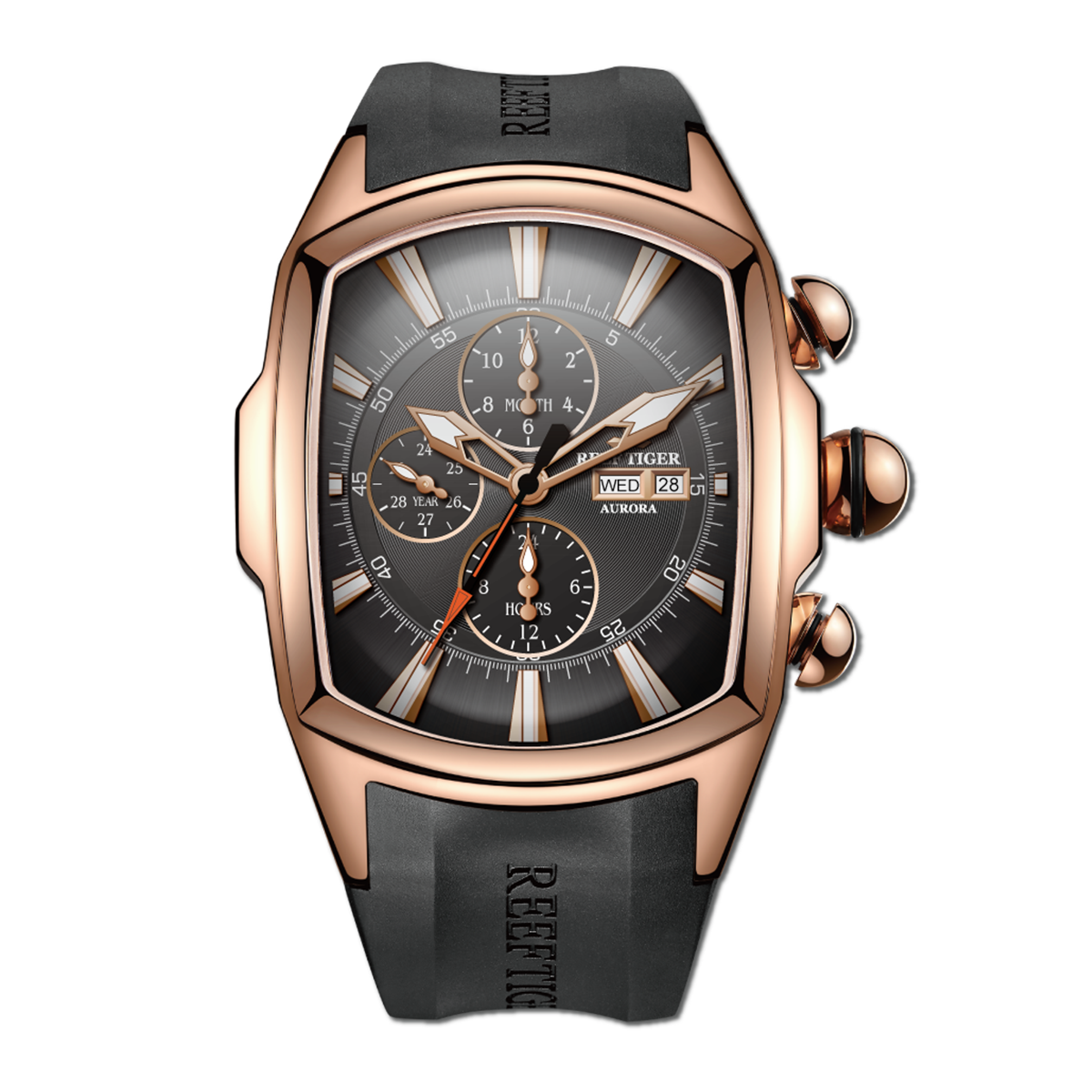 Reef Tiger Tank-P RGA3069 Men's Luxury Multifunctional Automatic Three-eye Watch - Best Rose Gold Watch for Sale