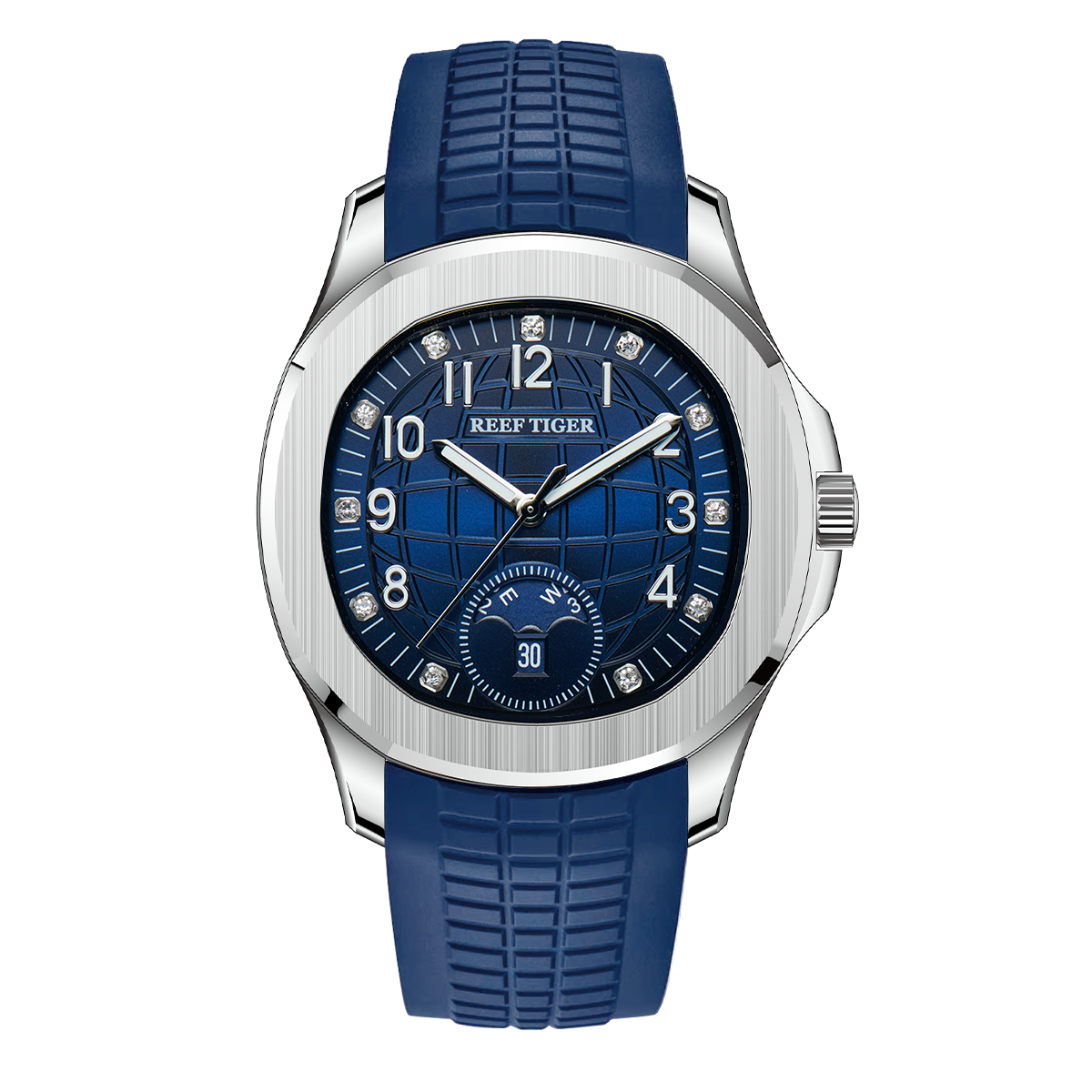 Reef Tiger RGA1805 Mens Square Blue Dial Automatic Watch - Multifunction Luminous Rubber Sport Watches