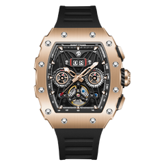 REEF TIGER RGA3009 Rose Gold Men Skeleton Automatic Tonneau Wristwatch - Multifunctional Date Luminous Waterproof Watch
