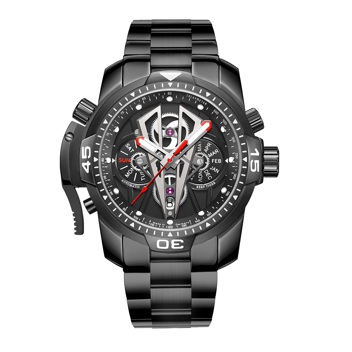 All Black Multifunctional Mechanical Automatic Watches for Men - Reef Tiger Aurora Concept 2 RGA3591