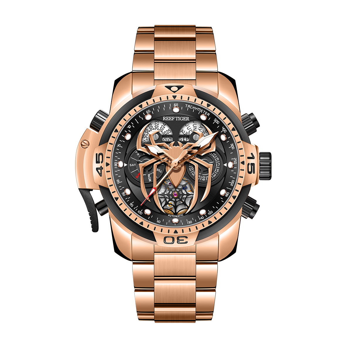 Reef Tiger RGA3532-S Men's Luxury Automatic Mechanical Watch - Rose Gold Stainless Steel, Spider Design with Luminous Dial & Calendar Feature