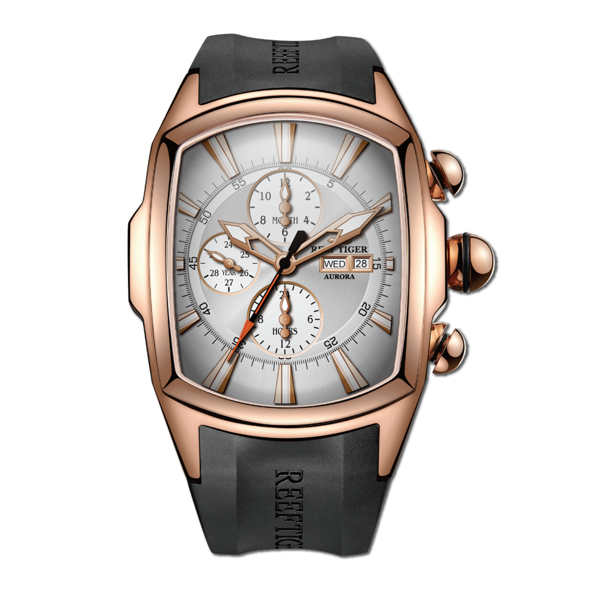 Best Multifunctional Three-eye Mens Watches for Sale - Reef Tiger Tank-P RGA3069 Tonneau Rose Gold Automatic Watch