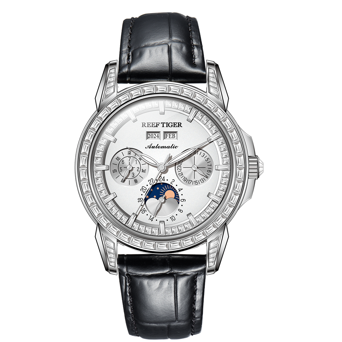 Affordable Luxury Zirconia Bezel & Silver Dial Men's Multifunction Mechanical Moon Phase Automatic Watches - Reef Tiger RGA1988