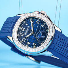 Reef Tiger RGA1805 Mens Square Blue Dial Automatic Watch - Multifunction Luminous Rubber Sport Watches