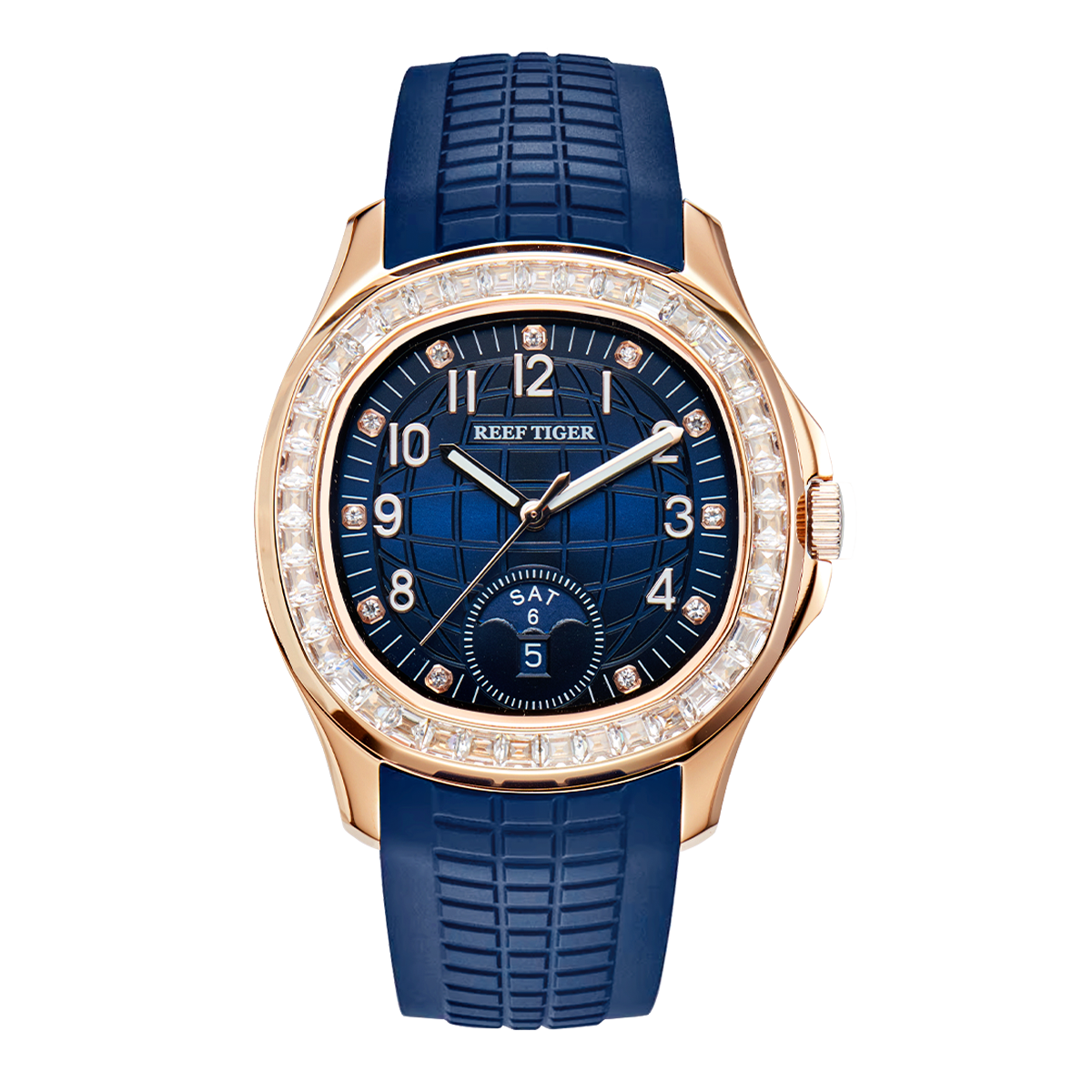 Inlay Cubic Zirconia 39mm Blue Dial & Rose Gold Sqaure Automatic Watch - RGA1805 Multi-Dial Week Date Watch