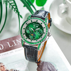 Luxury Green Zirconia Automatic Multifunctional Mechanical Moon Phase Watch - Reef Tiger Classics Philosopher RGA1988