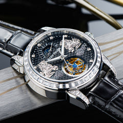 Luxury Men's Diamond Automatic Moon Phase Dress Watch - "Pixiu" RGA1935 Multifunctional Mechanical Tourbillon Style Dial
