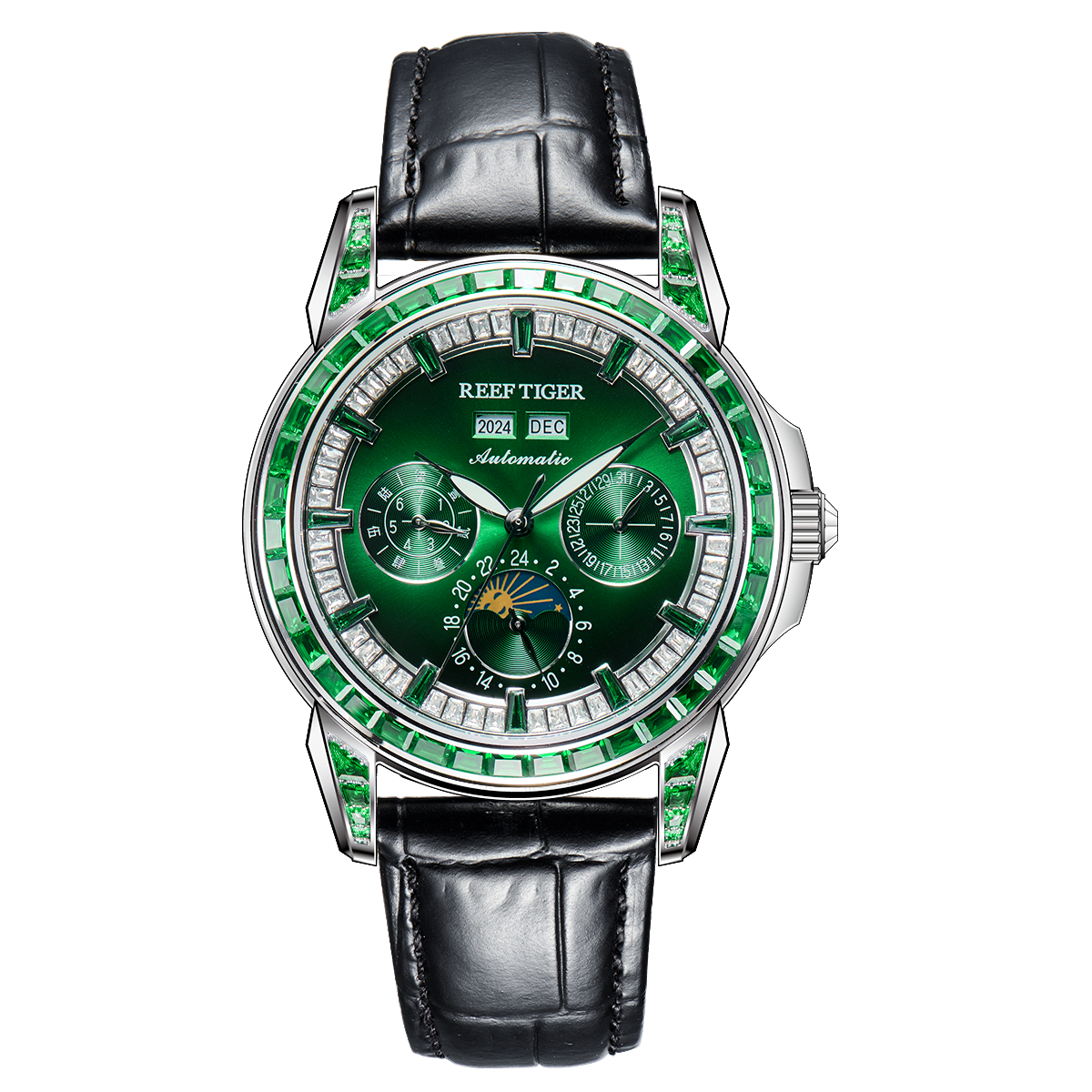 Luxury Green Zirconia Automatic Multifunctional Mechanical Moon Phase Watch - Reef Tiger Classics Philosopher RGA1988