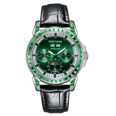 Luxury Green Zirconia Automatic Multifunctional Mechanical Moon Phase Watch - Reef Tiger Classics Philosopher RGA1988