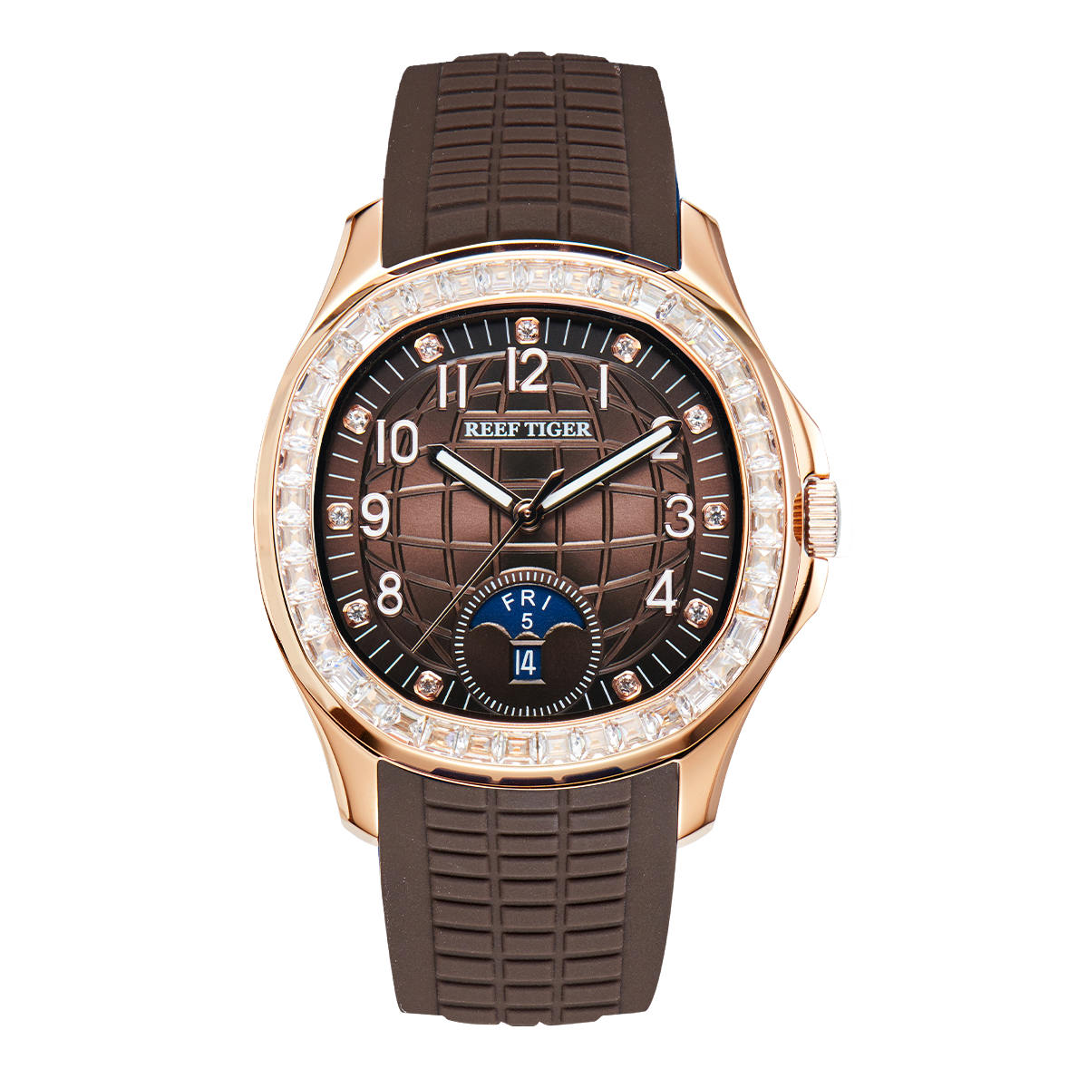 Fashion 39mm Brown Dial & Cubic Zirconia Mens Automatic Mechanical Movement Date Week Waterproof Watch - Rose Gold RGA1805