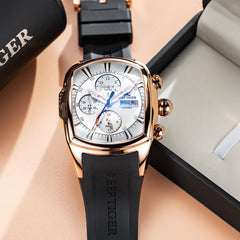 Best Multifunctional Three-eye Mens Watches for Sale - Reef Tiger Tank-P RGA3069 Tonneau Rose Gold Automatic Watch