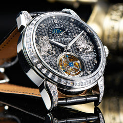 Luxury Men's Diamond Automatic Moon Phase Dress Watch - "Pixiu" RGA1935 Multifunctional Mechanical Tourbillon Style Dial