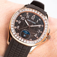 Fashion 39mm Brown Dial & Cubic Zirconia Mens Automatic Mechanical Movement Date Week Waterproof Watch - Rose Gold RGA1805