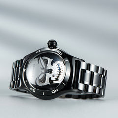 All Black Reef Tiger RGA70S7 Mens Luxury Bubble Sapphire Skeleton Automatic Skull Watch