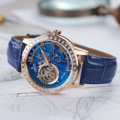 Best Affordable Luxury Rose Gold Zirconia Automatic Tourbillon Style Blue Dial Dress Watches For Men - OBLVLO VMQ Series