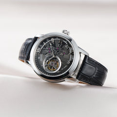 Black Dial 42mm Automatic Mechanical Tourbillon Style Watch For Men - Steel / Zirconia Bezel Dress Watches - OBLVLO VMQ
