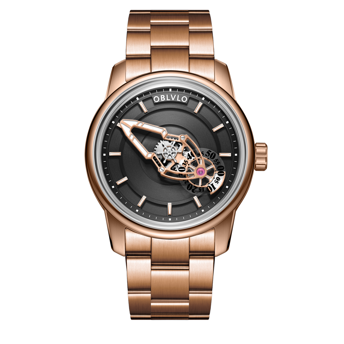 Cool Rose Gold Case and Spaceship Hand Dial, 50m Waterproof - OBLVLO JM Space Automatic Dress Watch for Men