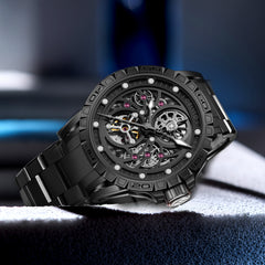 Affordable Cool OBLVLO LMS Luxury Automatic Black PVD Watches - Rubber/Leather Strap Watch for Men