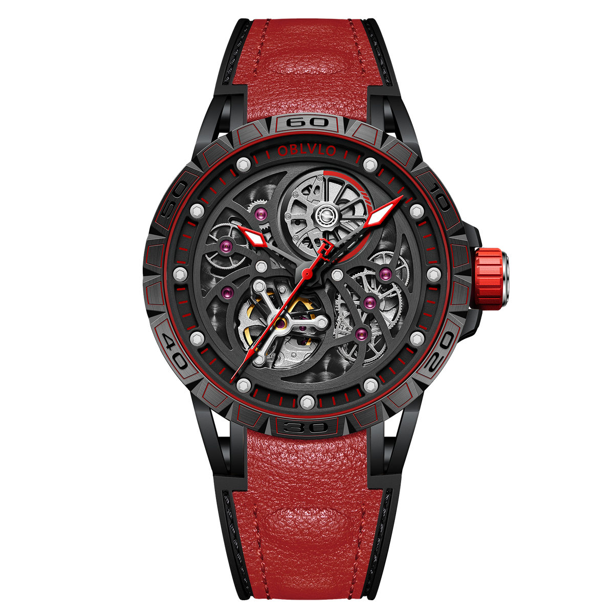 OBLVLO LMS Unique Skeleton Watches for Men -  Black PVD Waterproof Sports Automatic Watch