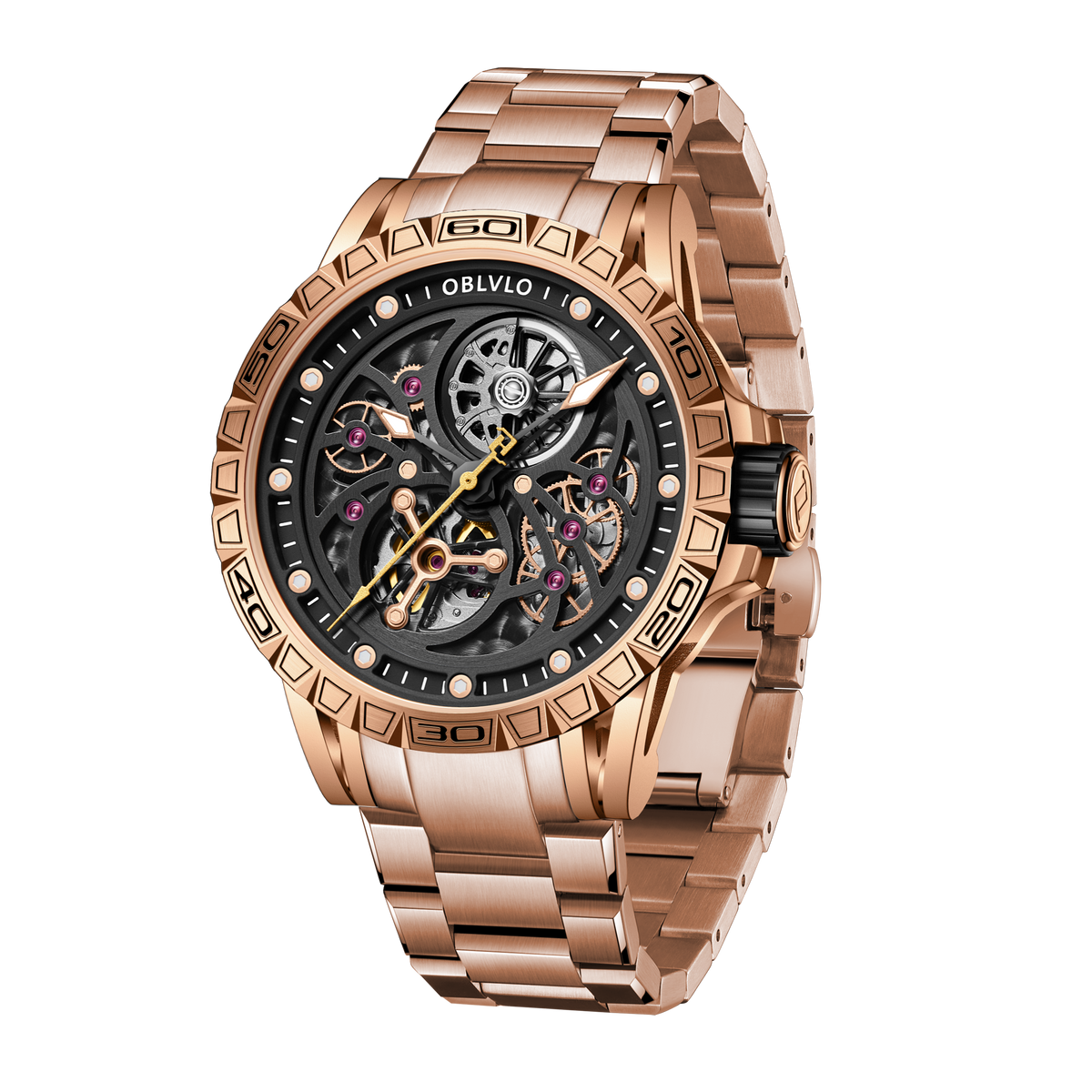 OBLVLO LMS Affordable Luxury Rose Gold Skeleton Automatic Watches - Unique Cool Men's Watches