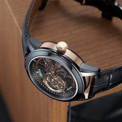 Affordable Black & Rose Gold Case Luxury Mens Automatic Tourbillon Style Dial Dress Zirconia Watches - OBLVLO VMQ Series
