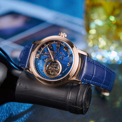 Best Affordable Luxury Rose Gold Zirconia Automatic Tourbillon Style Blue Dial Dress Watches For Men - OBLVLO VMQ Series