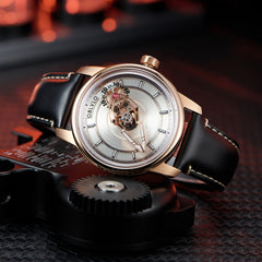 OBLVLO JM Space Black Spaceship Dial Automatic Rose Gold Case Dress Watches for Men