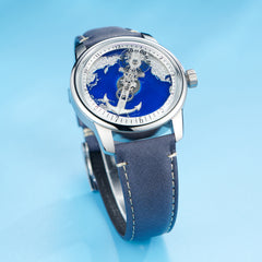 OBLVLO JM-Sailing Blue Cold Enamel Dial & Pacific Ocean Maps Automatic Watches - Cool Luminous Waterproof Business Watch
