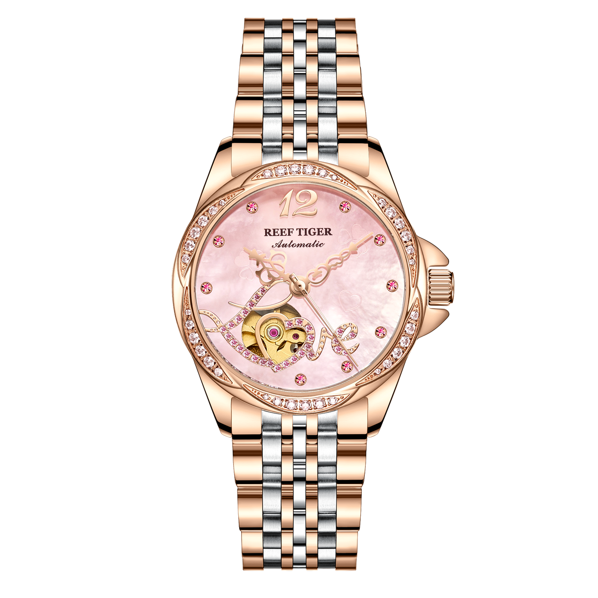 Pink Shell Pattern Dial Diamond Automatic Watch for Women - Fashion Luxury Rose Gold REEF TIGER RGA1583 Women Watches