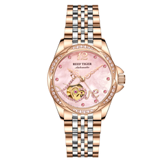 Pink Shell Pattern Dial Diamond Automatic Watch for Women - Fashion Luxury Rose Gold REEF TIGER RGA1583 Women Watches