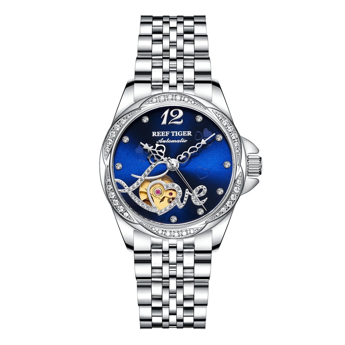 REEF TIGER RGA1583 Fashion Flower Diamond Watches for Women - Luxury Blue Dial Automatic Mechanical Watch