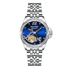 REEF TIGER RGA1583 Fashion Flower Diamond Watches for Women - Luxury Blue Dial Automatic Mechanical Watch