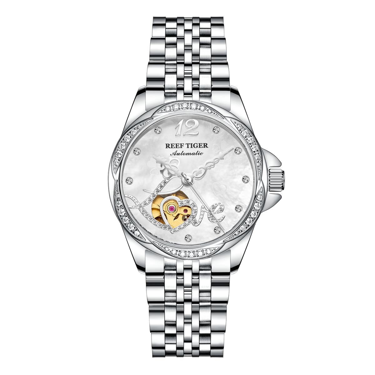 REEF TIGER RGA1583 Skeleton Flywheel Automatic Mechanical Watch For Women - Luxury Diamond Dial Woman Watches