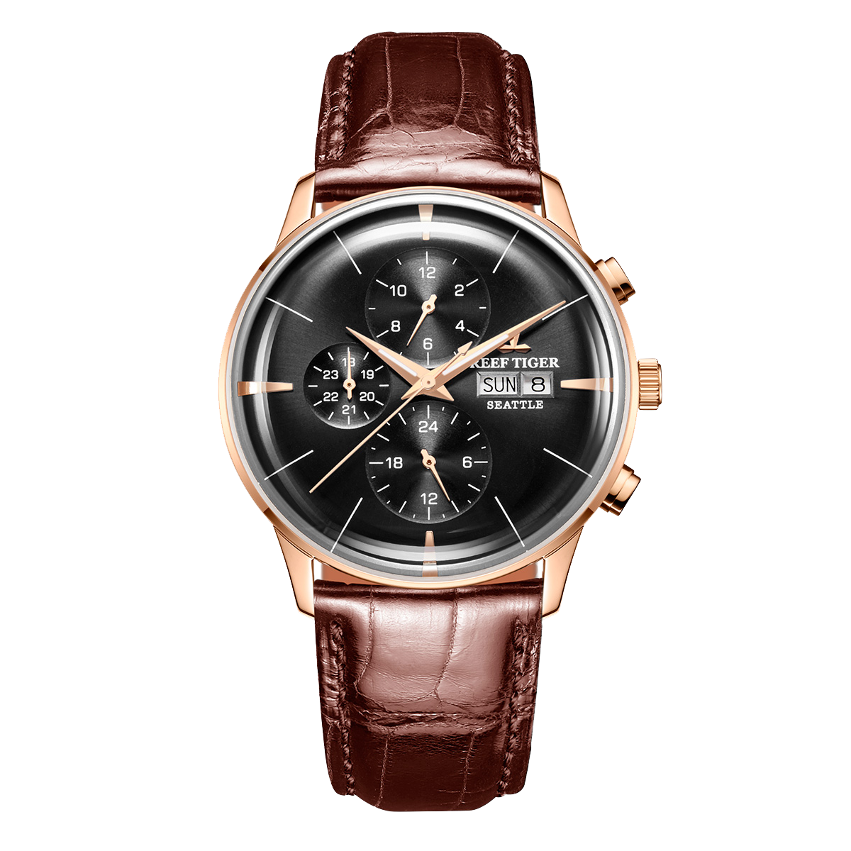 Affordable Luxury Black & Multifunction Three Eyes Subdial Automatic Mechanical Watch - Reef Tiger RGA1699 Rose Gold Watch