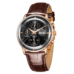 Affordable Luxury Black & Multifunction Three Eyes Subdial Automatic Mechanical Watch - Reef Tiger RGA1699 Rose Gold Watch