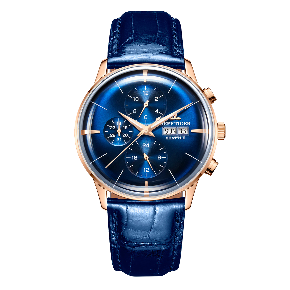 Affordable Luxury Men Blue & Multifunction Three Eyes Subdial Automatic Mechanical Watch - Reef Tiger RGA1699 Rose Gold Dress Watch
