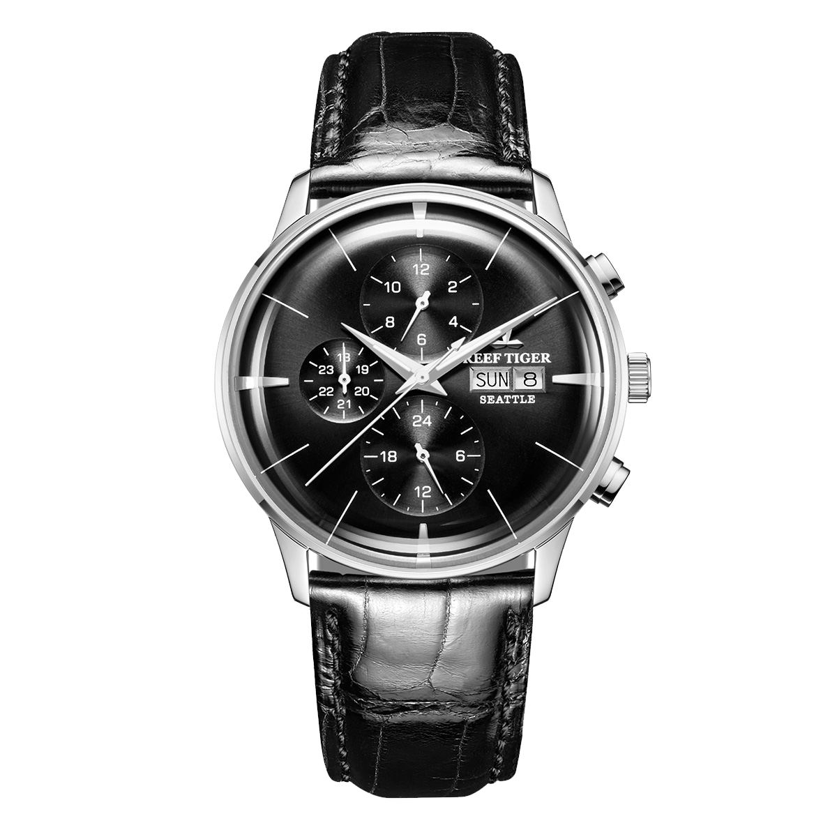 Affordable Luxury Dress Mechanical Watch For Men - Best Reef Tiger RGA1699 Black & Multifunction Three Eyes Subdial