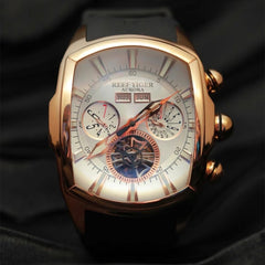 Reef Tiger Aurora Tank II RGA3069 Automatic Watches for Men, Rose Gold Skeleton Mechanical Movement & Rubber Strap Watches