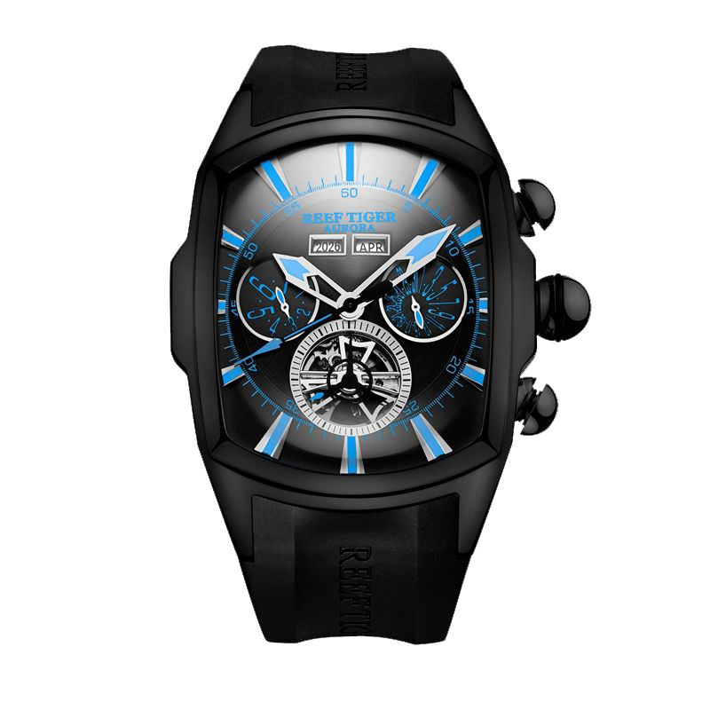 Reef Tiger Aurora Tank II RGA3069 Mens Automatic Self Winding Mechanical Skeleton Black Dial/Rubber Wrist Watch